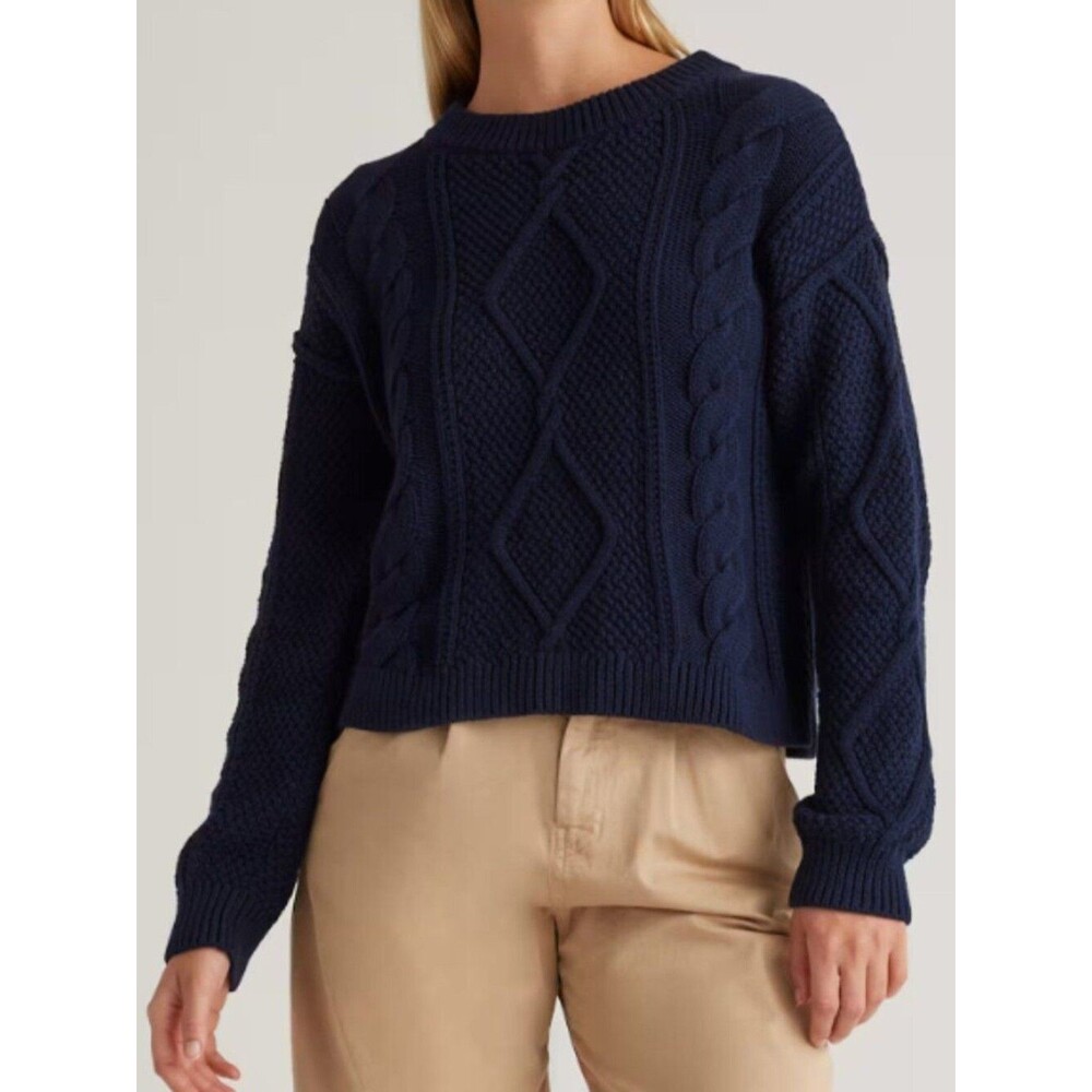 Quince 100% Organic Cotton Cropped Cable Crew Sweater Navy S NWOT - Picture 2 of 6